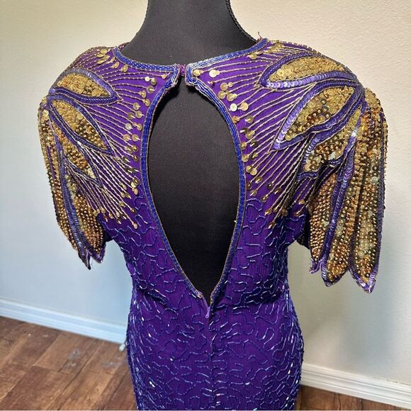 Laurence Kazar Silk Purple and Gold Embellished Sheath Dress - Picture 6 of 10